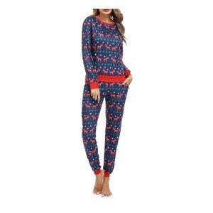 New…Women's Blue and Red Reindeer Pajama Set